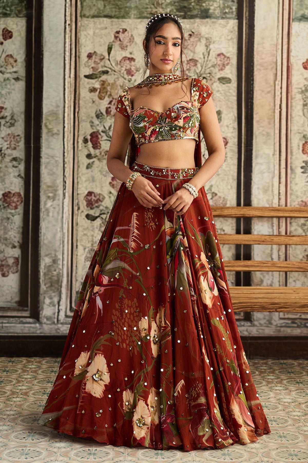 Rust Floral Print And Highlighted Lehenga Set