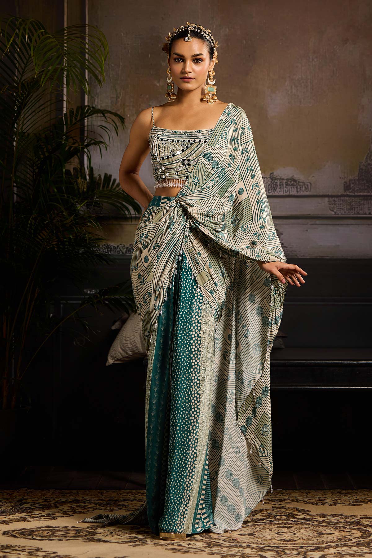 Beige & Teal Print and Highlighted Skirt Saree Set
