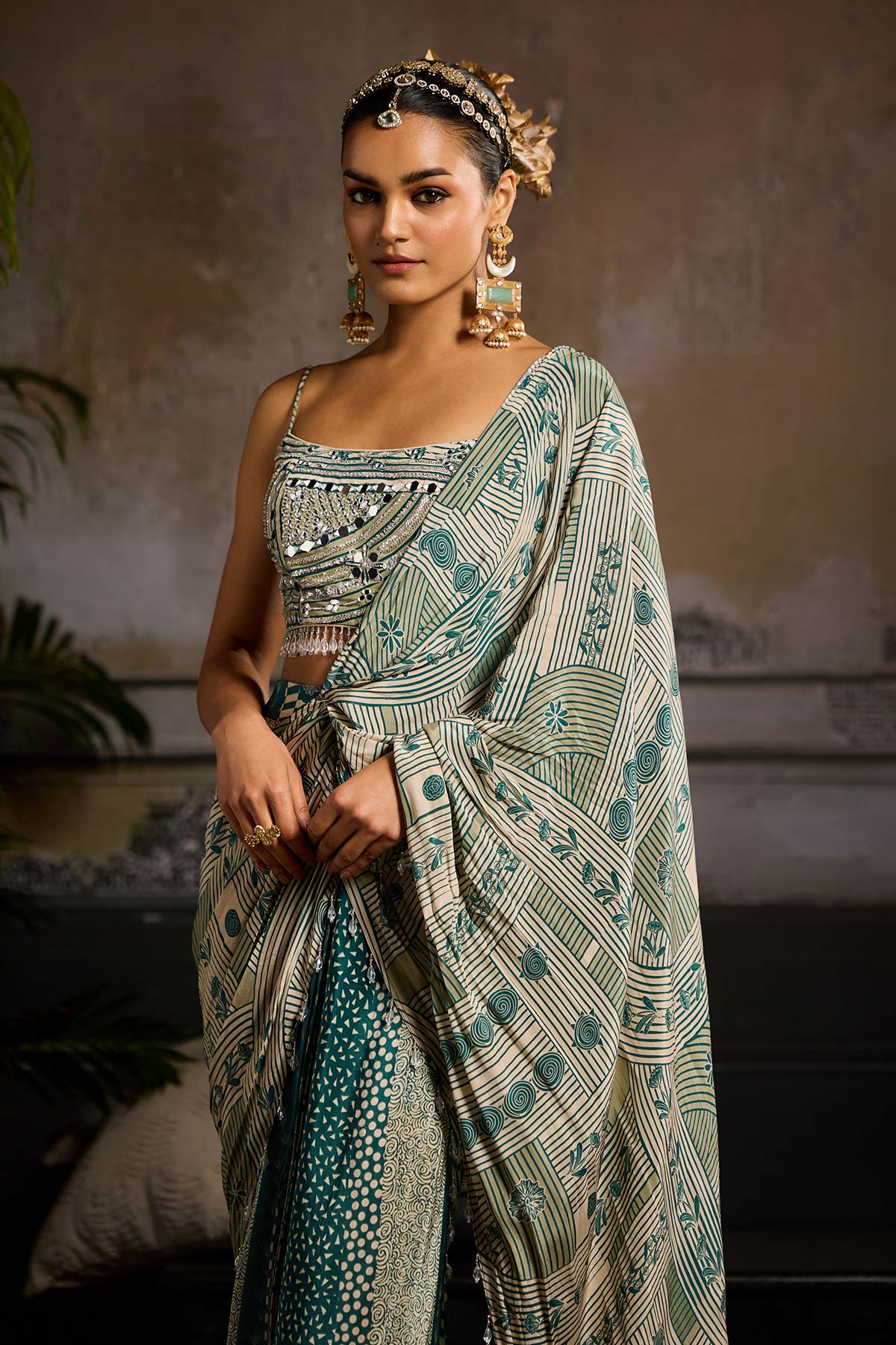 Beige & Teal Print and Highlighted Skirt Saree Set