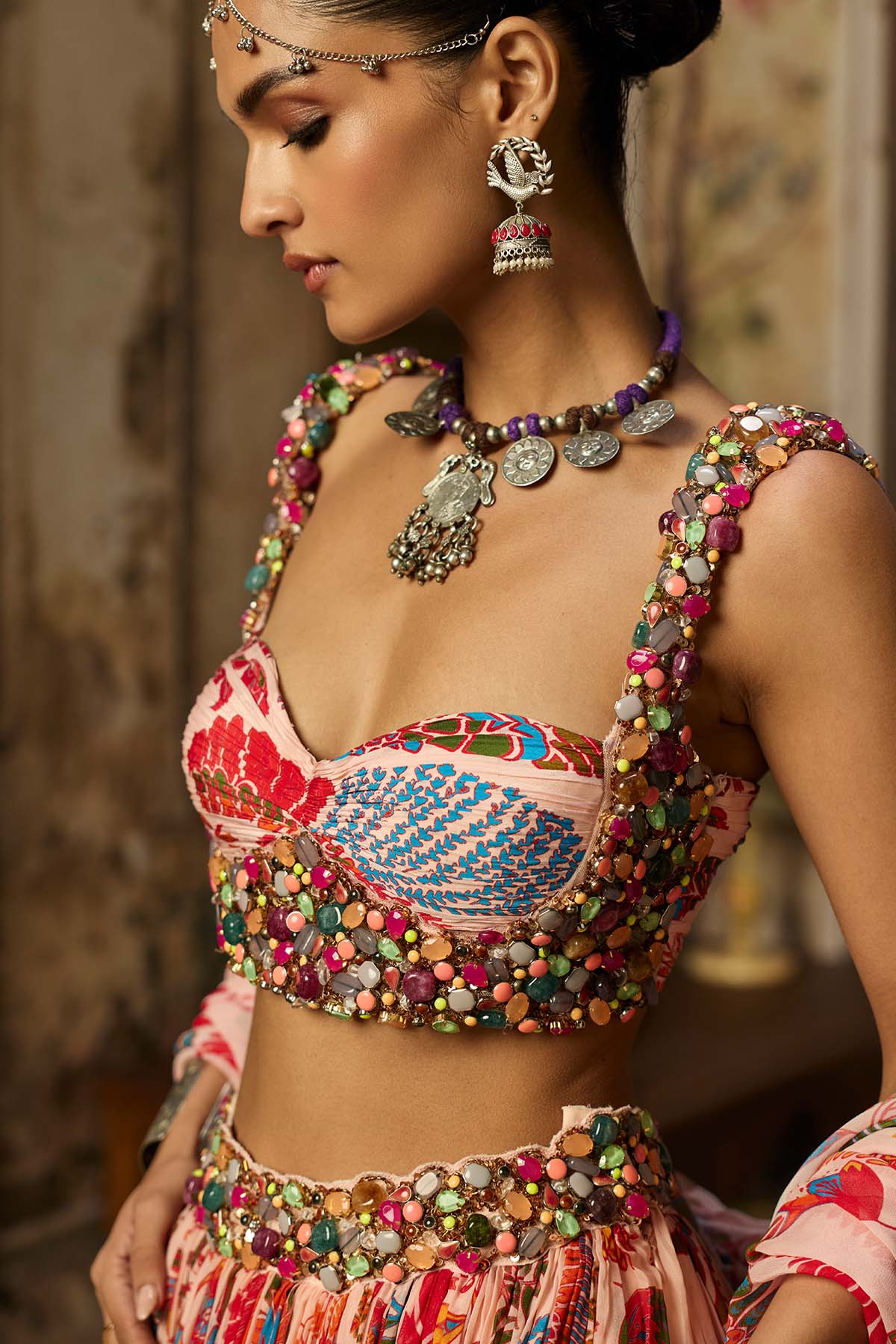 BLUSH PINK STONE EMBROIDERED BLOUSE WITH PRINTED LEHENGA SET
