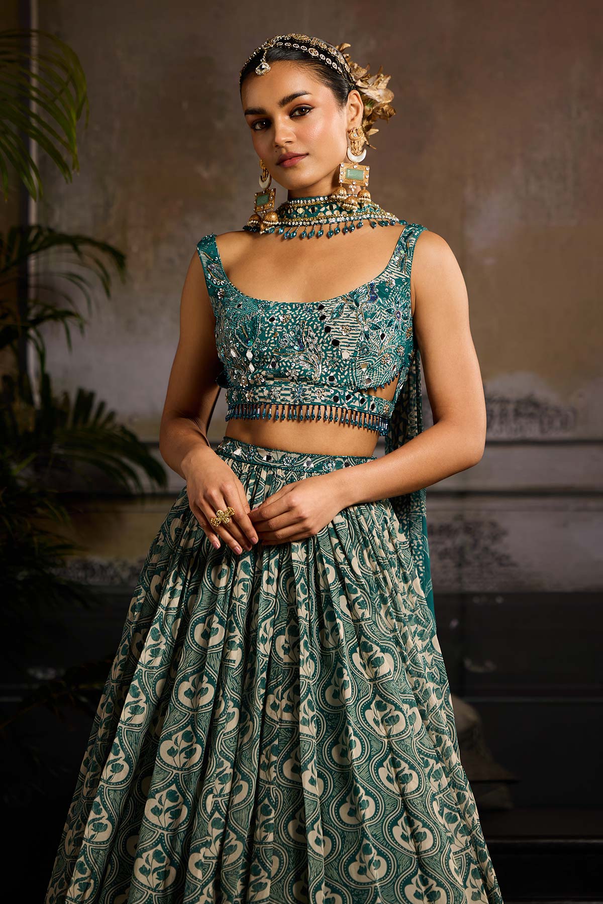 Teal Print and Highlighted Lehenga Set
