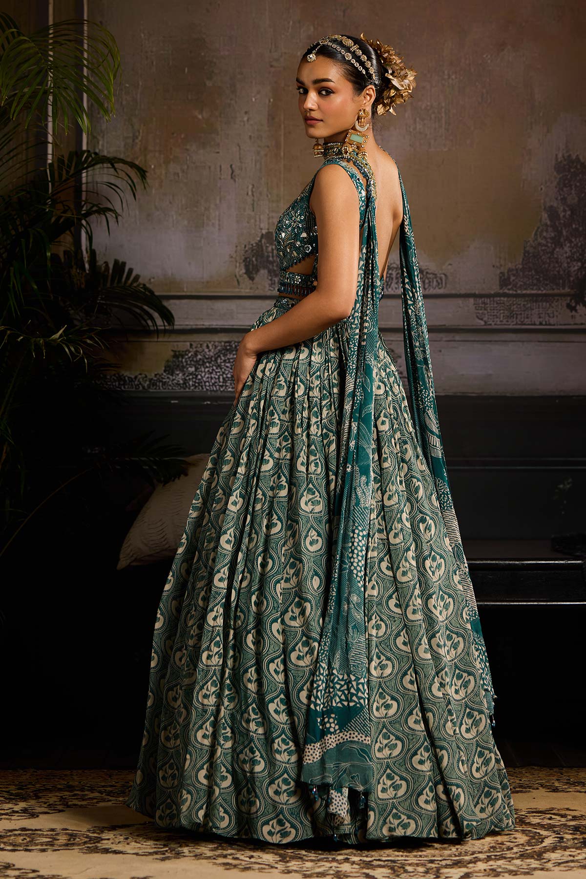 Teal Print and Highlighted Lehenga Set
