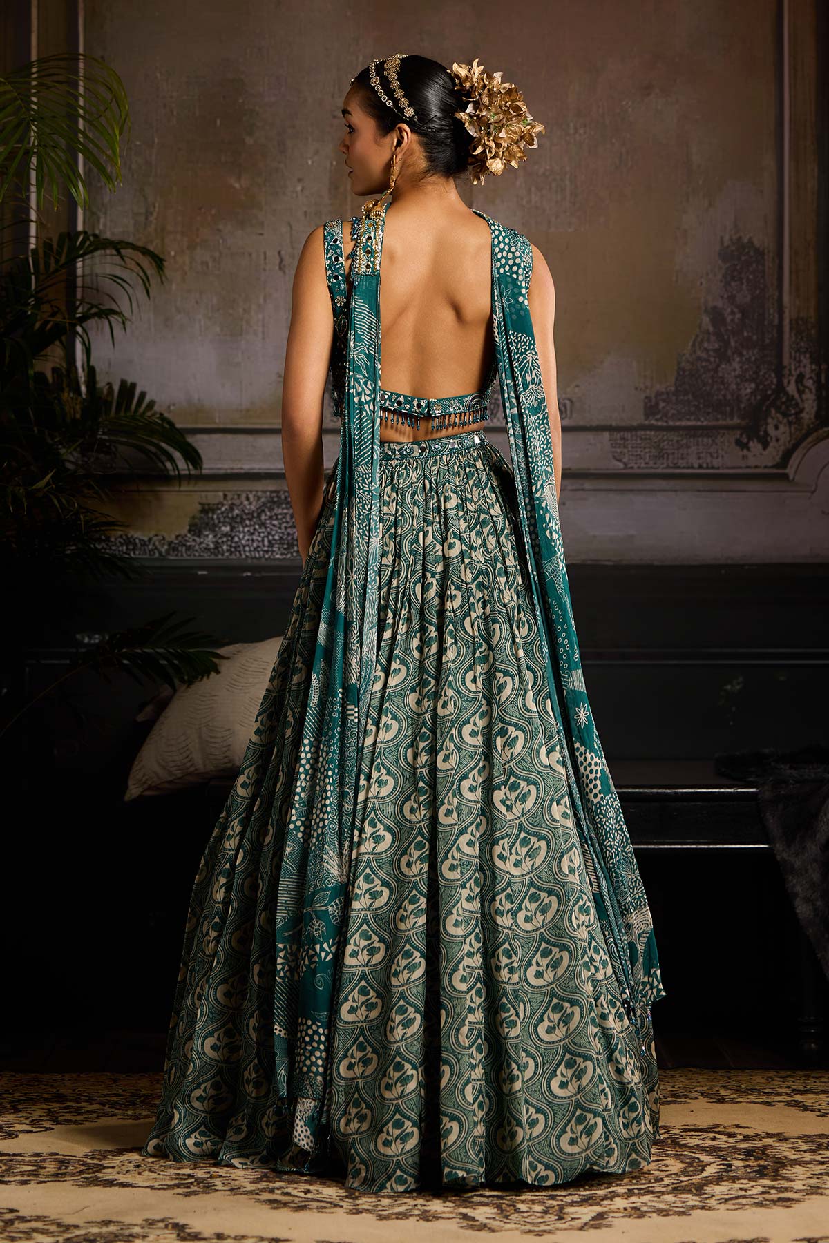 Teal Print and Highlighted Lehenga Set