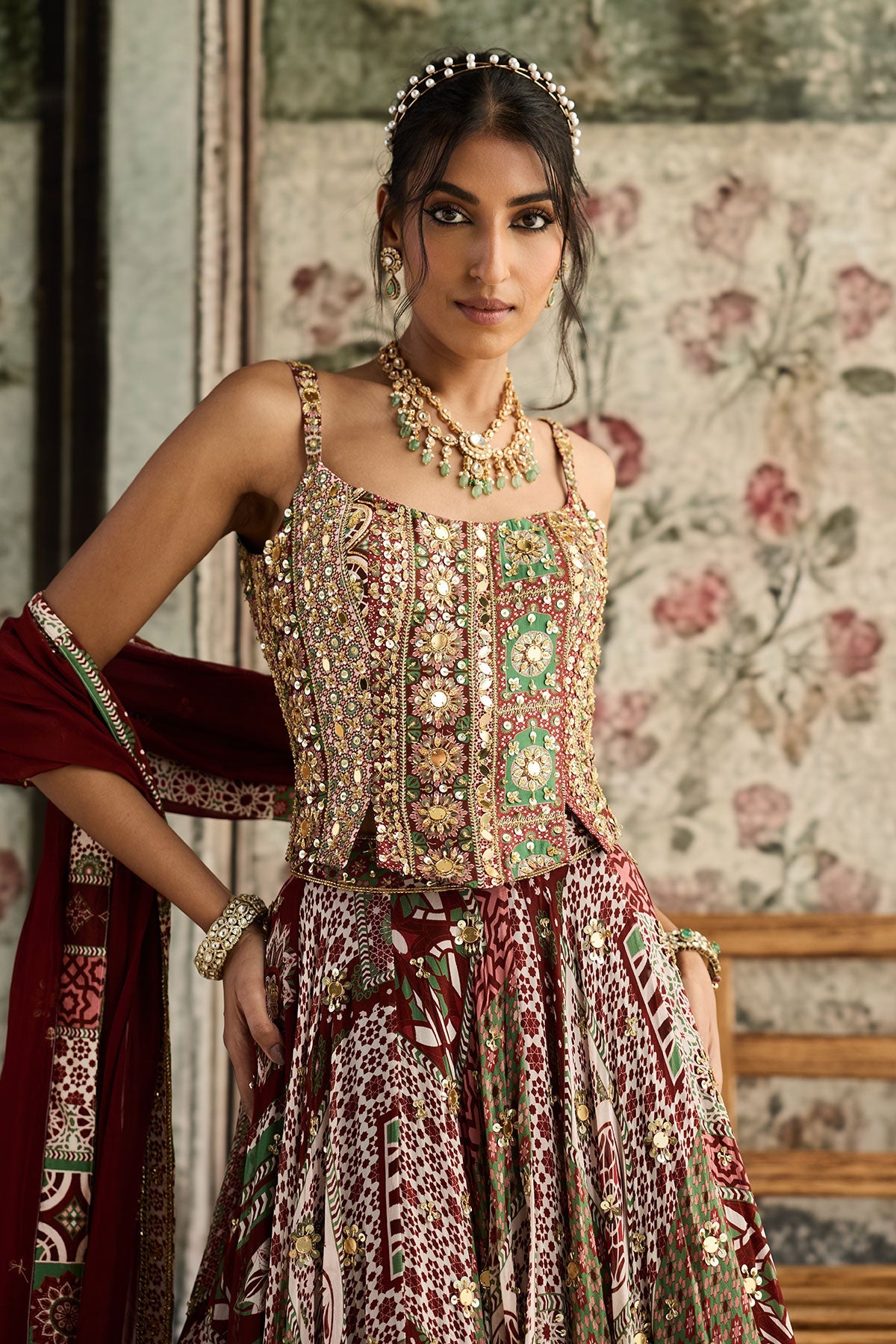 Sage-Maroon Print And Highlighted Corset Blouse Lehenga Set
