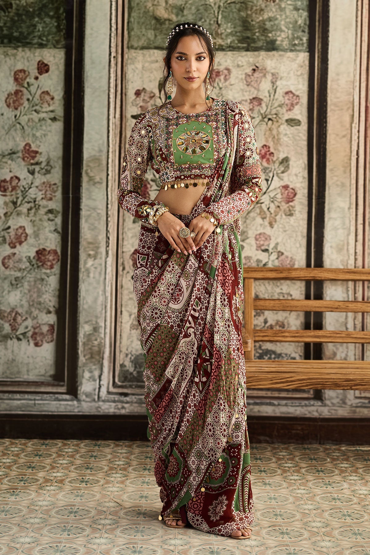 Sage-Maroon Print And Highlighted Slit Skirt Saree Set
