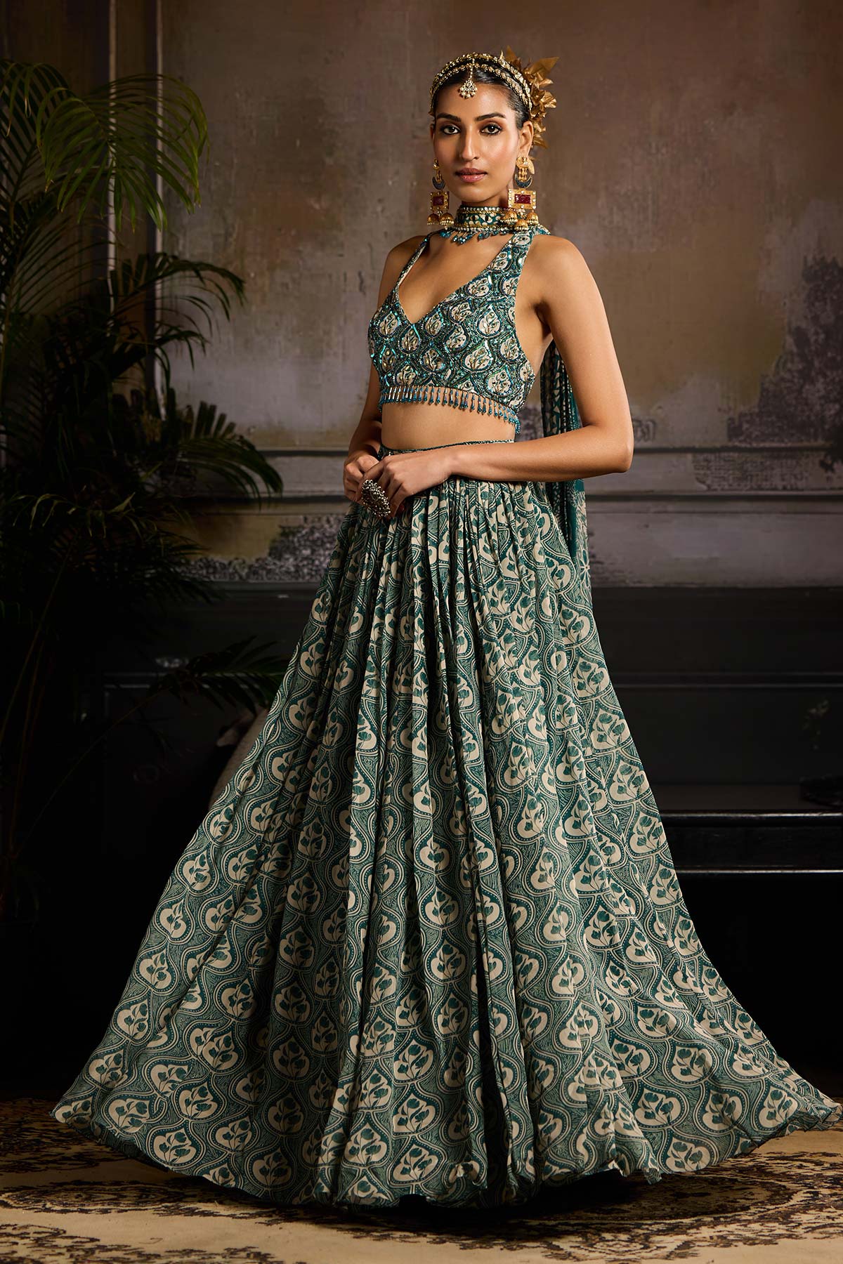 Teal Print and Highlighted Lehenga Set