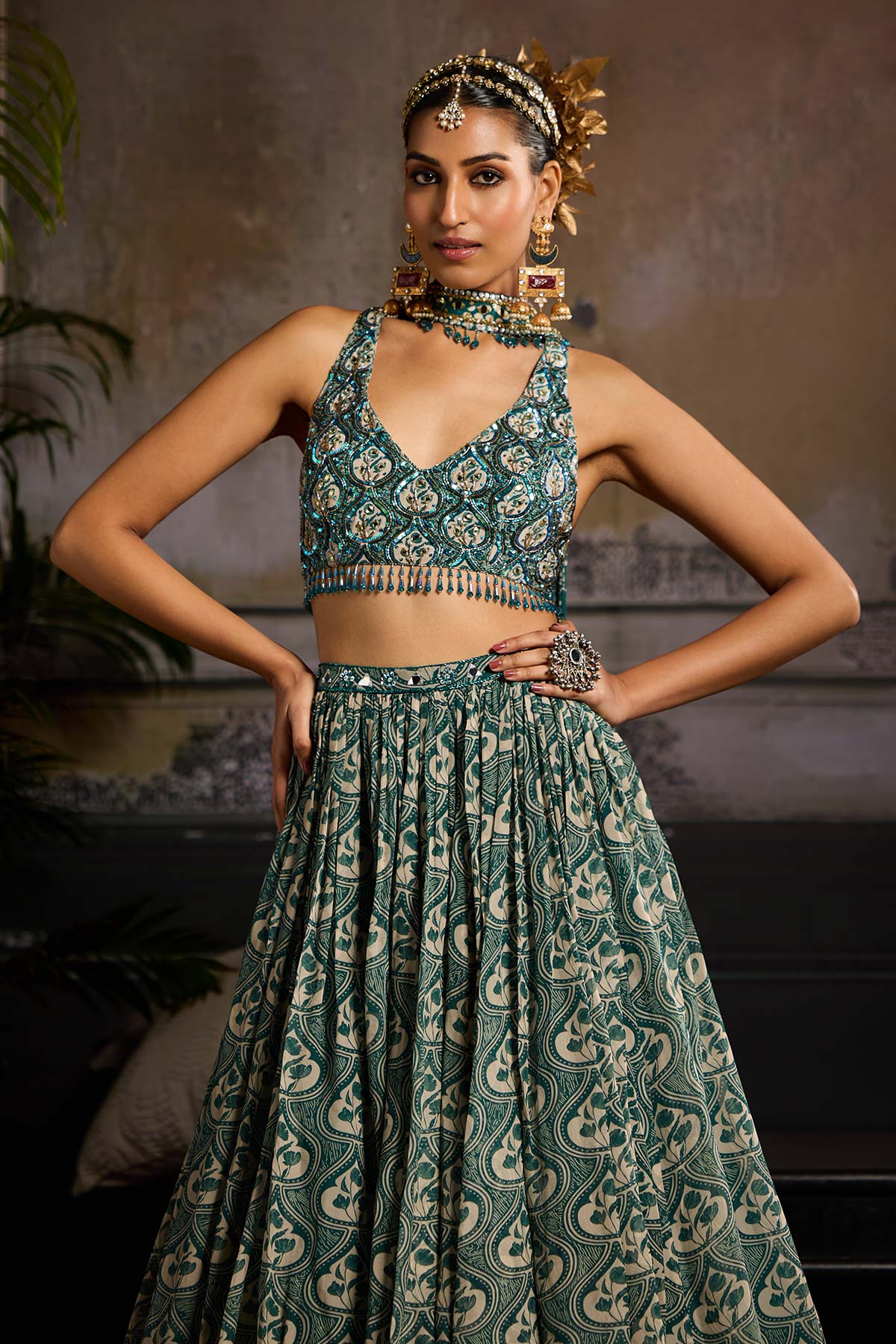 Teal Print and Highlighted Lehenga Set
