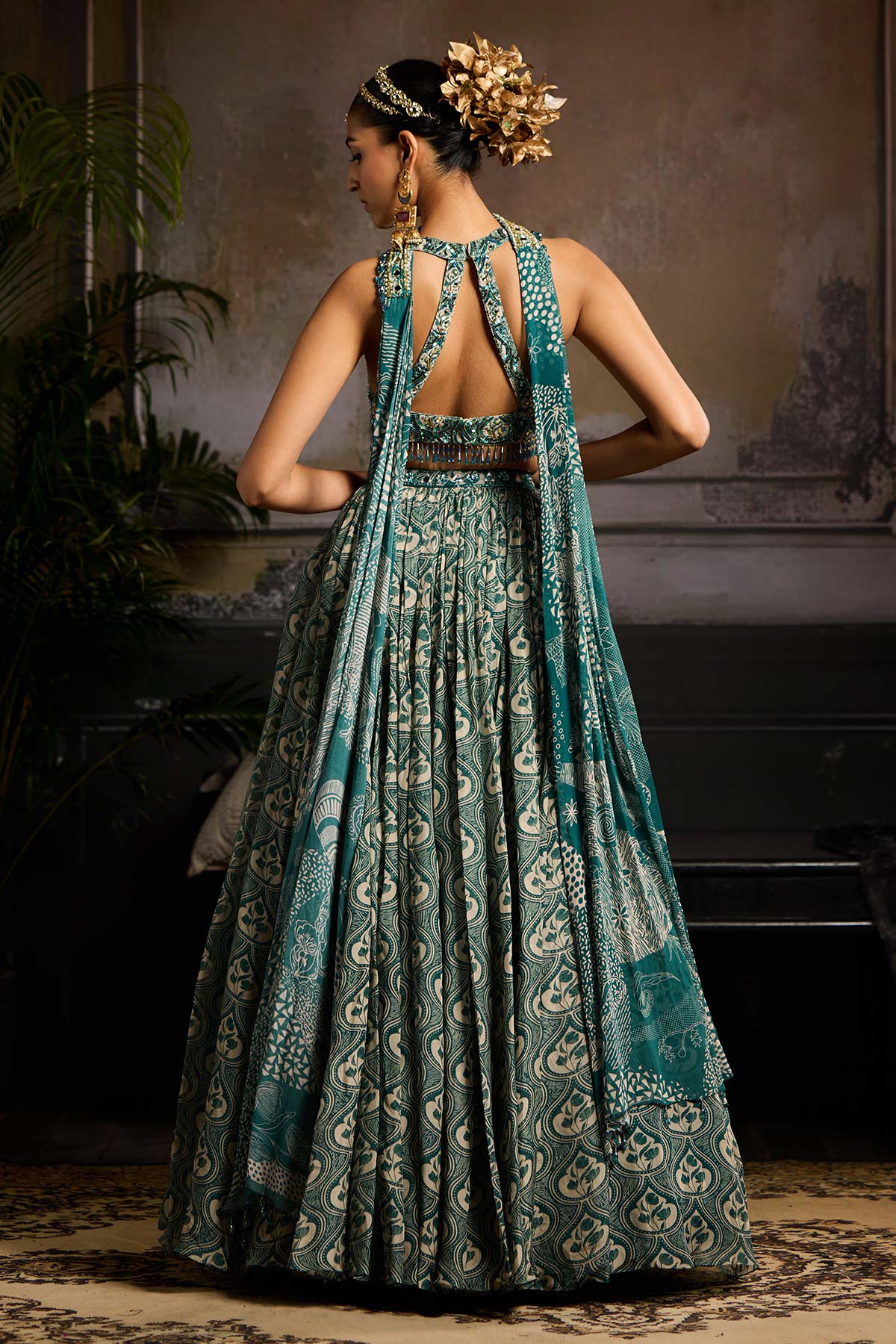 Teal Print and Highlighted Lehenga Set