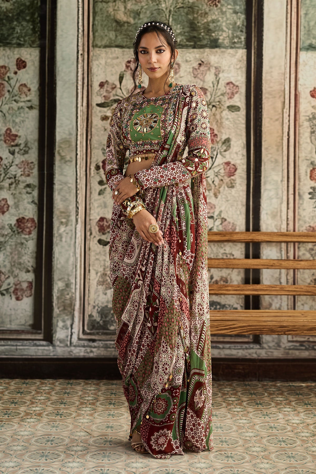 Sage-Maroon Print And Highlighted Slit Skirt Saree Set