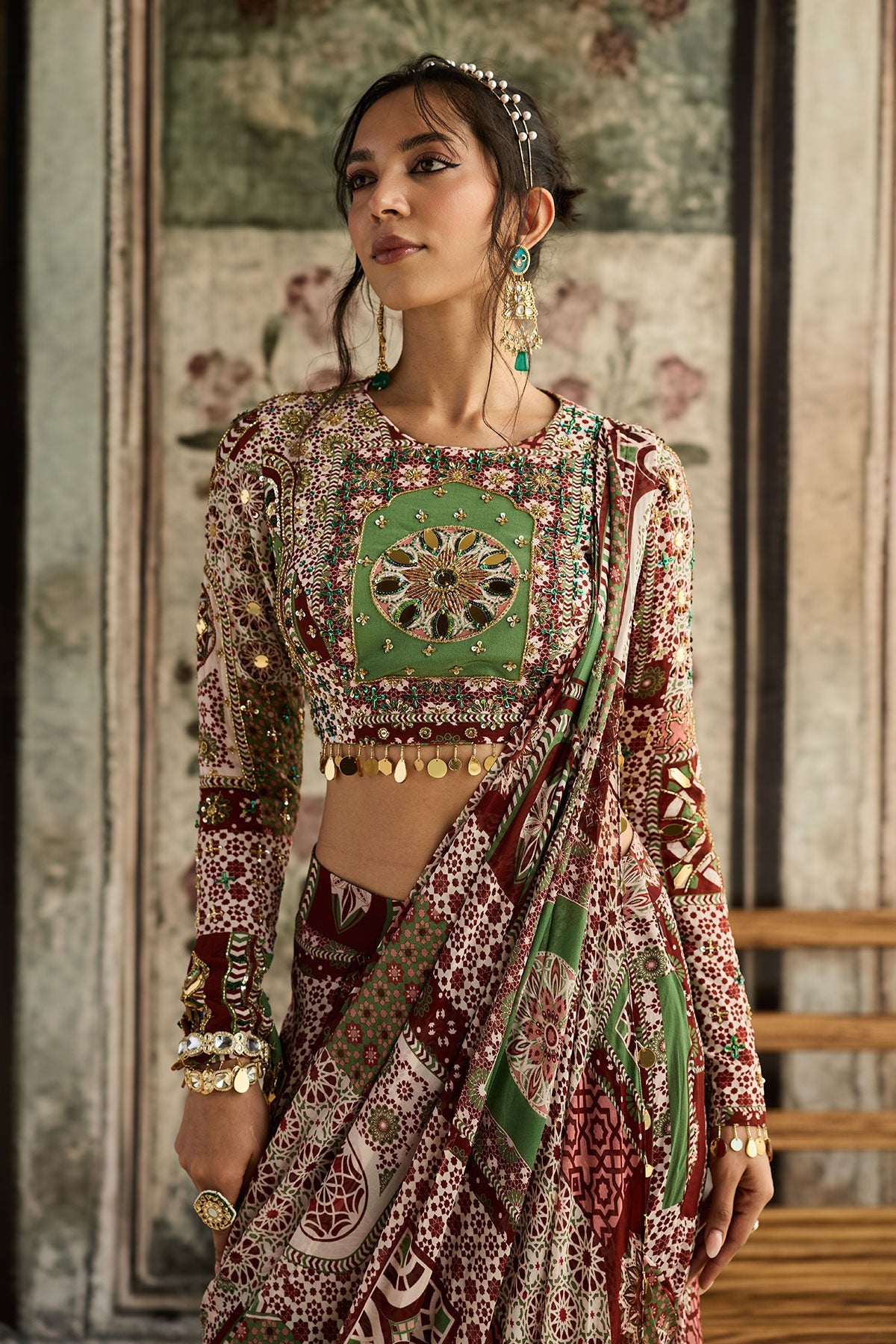 Sage-Maroon Print And Highlighted Slit Skirt Saree Set