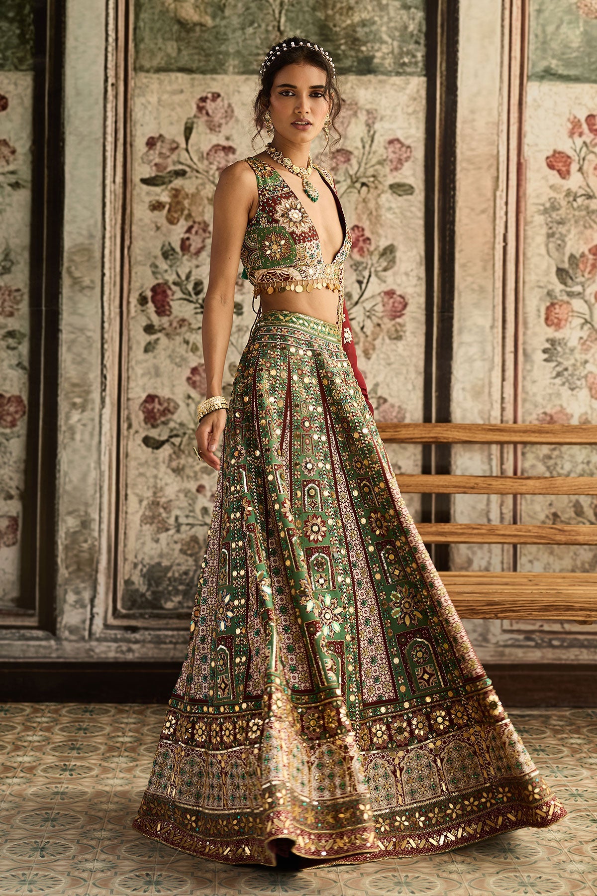 Sage-Maroon Print And Highlighted Lehenga Set