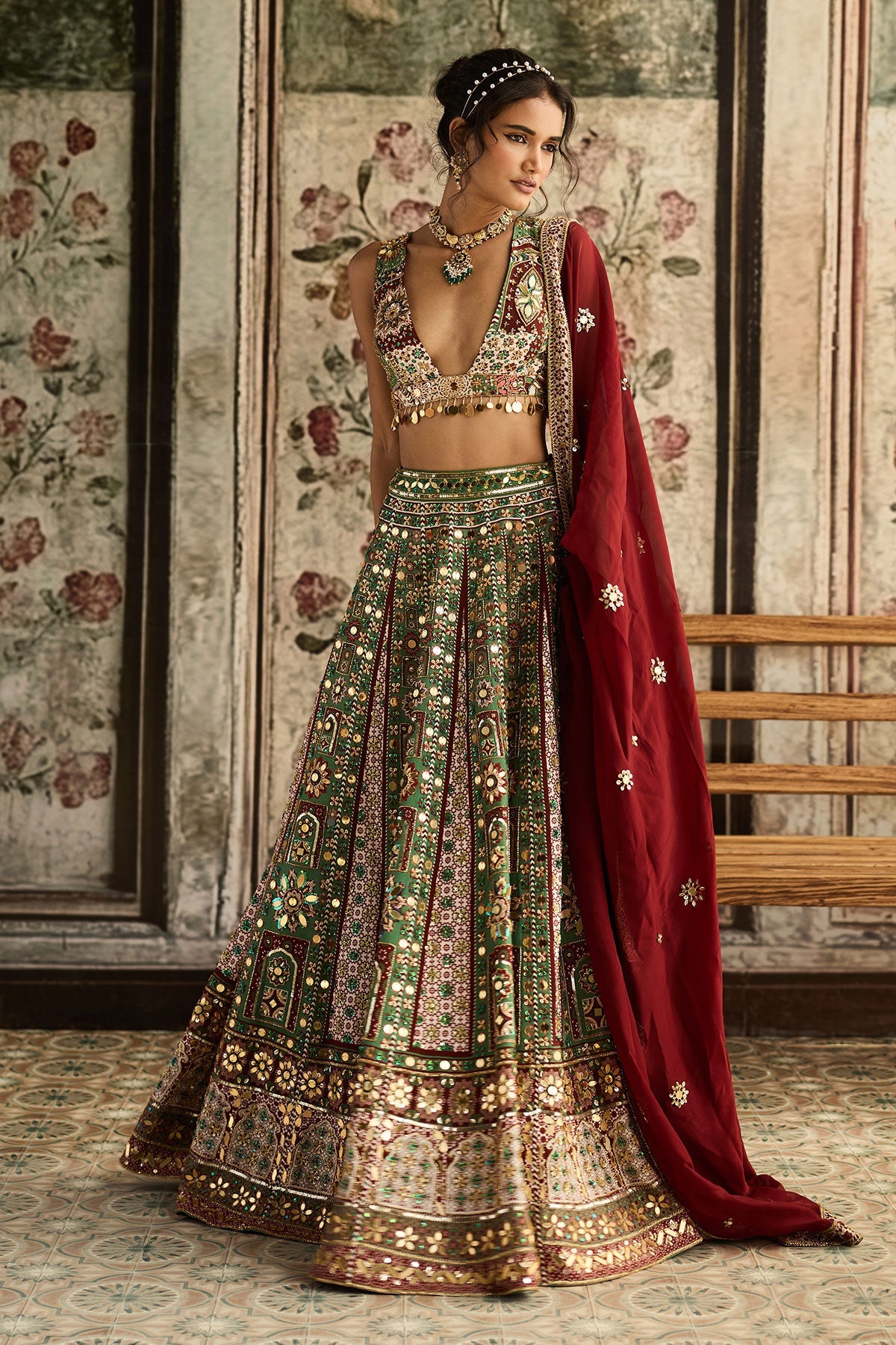 Sage-Maroon Print And Highlighted Lehenga Set