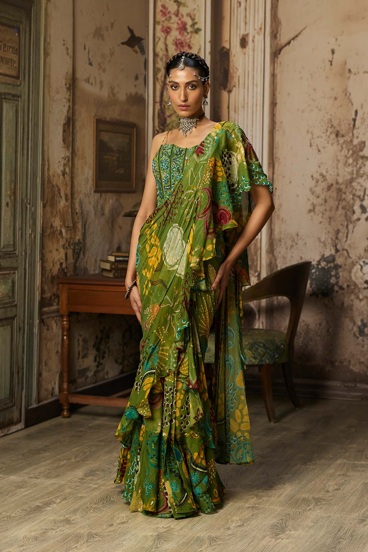 PEAR GREEN PRINTED AND HIGHLIGHTED RUFFLE SKIRT SAREE SET