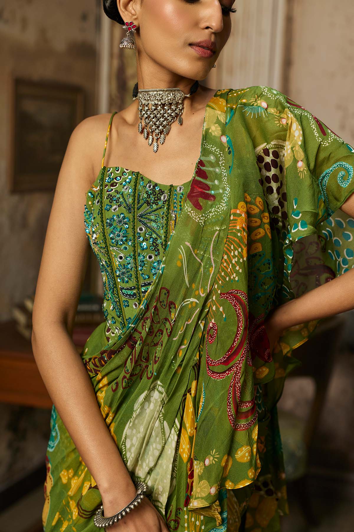 PEAR GREEN PRINTED AND HIGHLIGHTED RUFFLE SKIRT SAREE SET