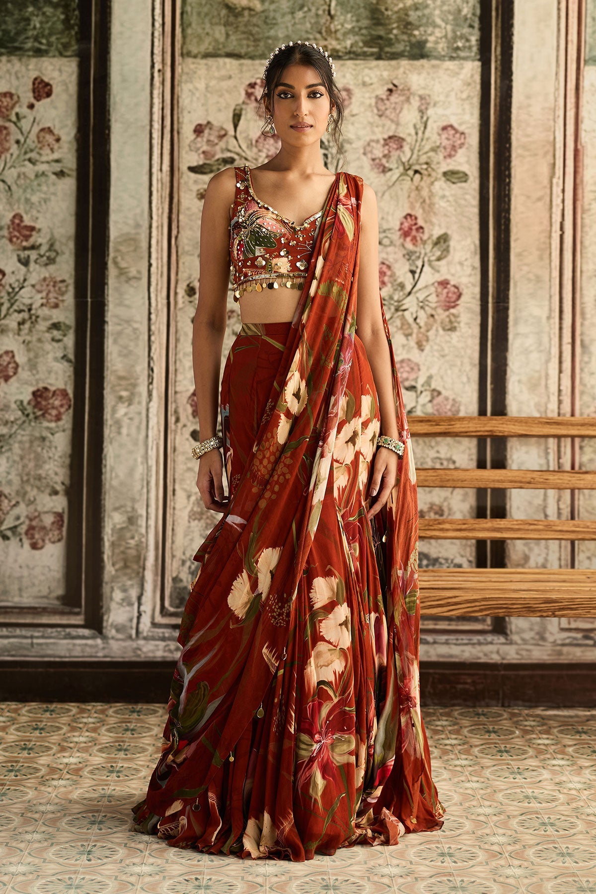 Rust Floral Print And Highlighted Mermaid Saree Set