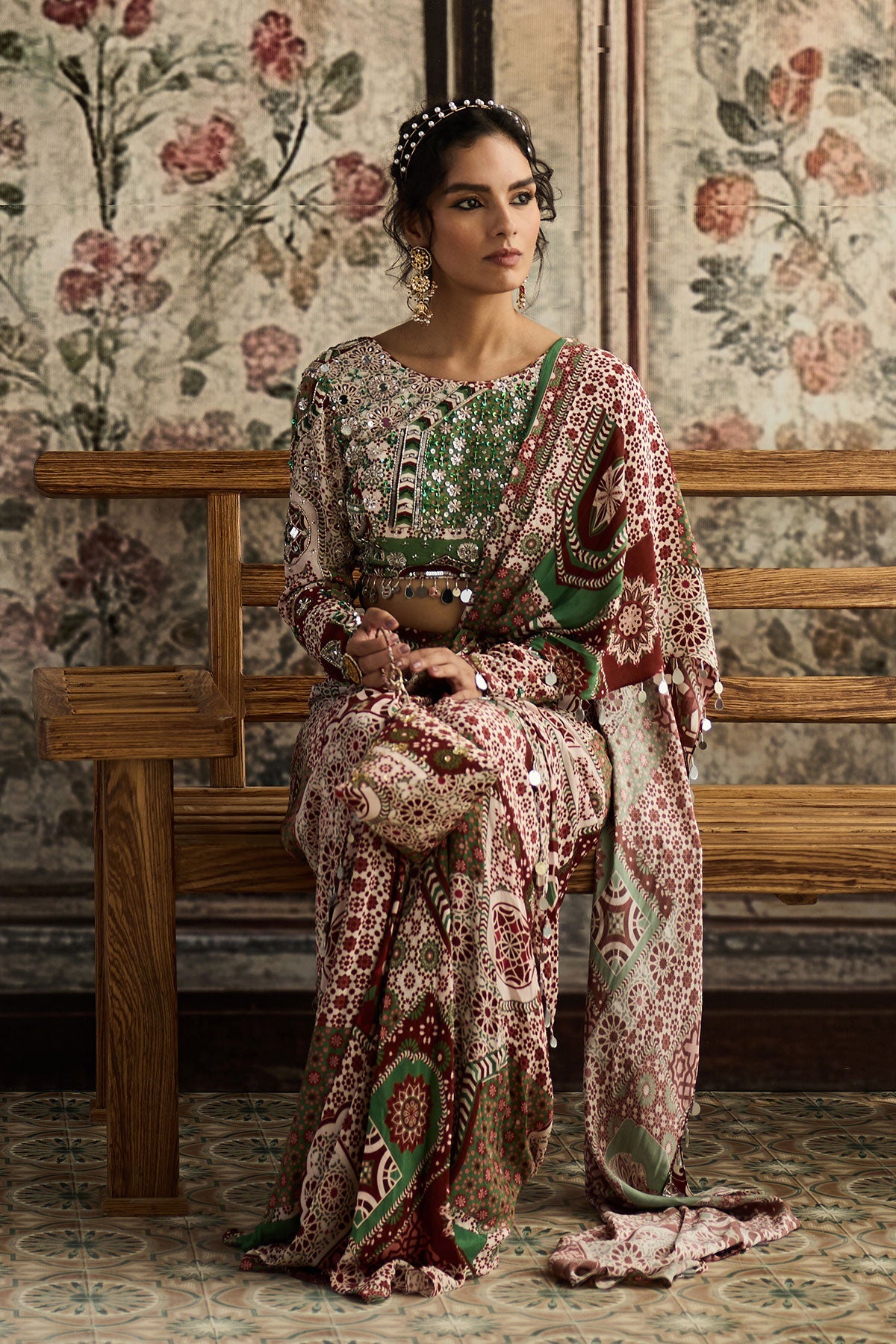 Sage-Maroon Print And Highlighted Dhoti Saree Set