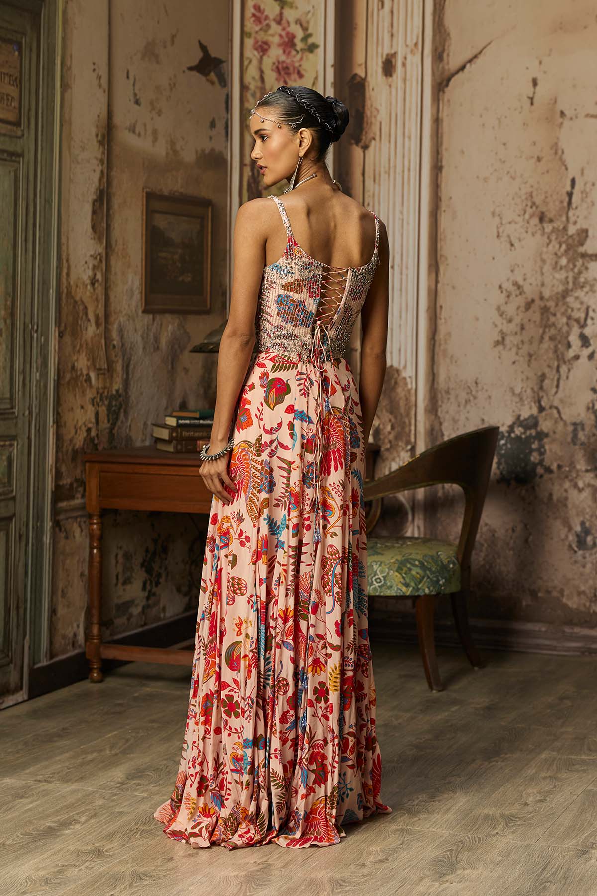 BLUSH PINK PRINTED AND HIGHLIGHTED CORSET GOWN