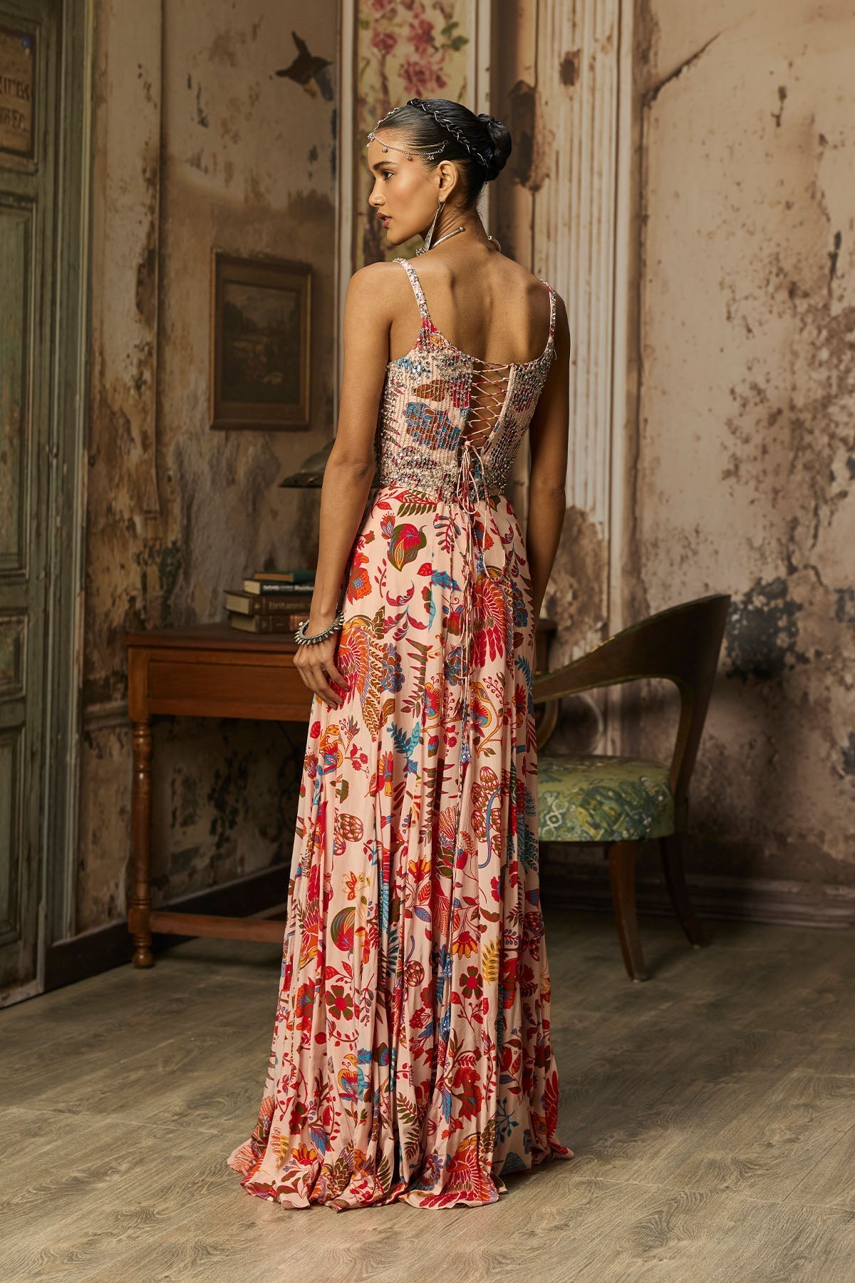 Blush Pink Printed And Highlighted Corset Gown - Ready To Ship