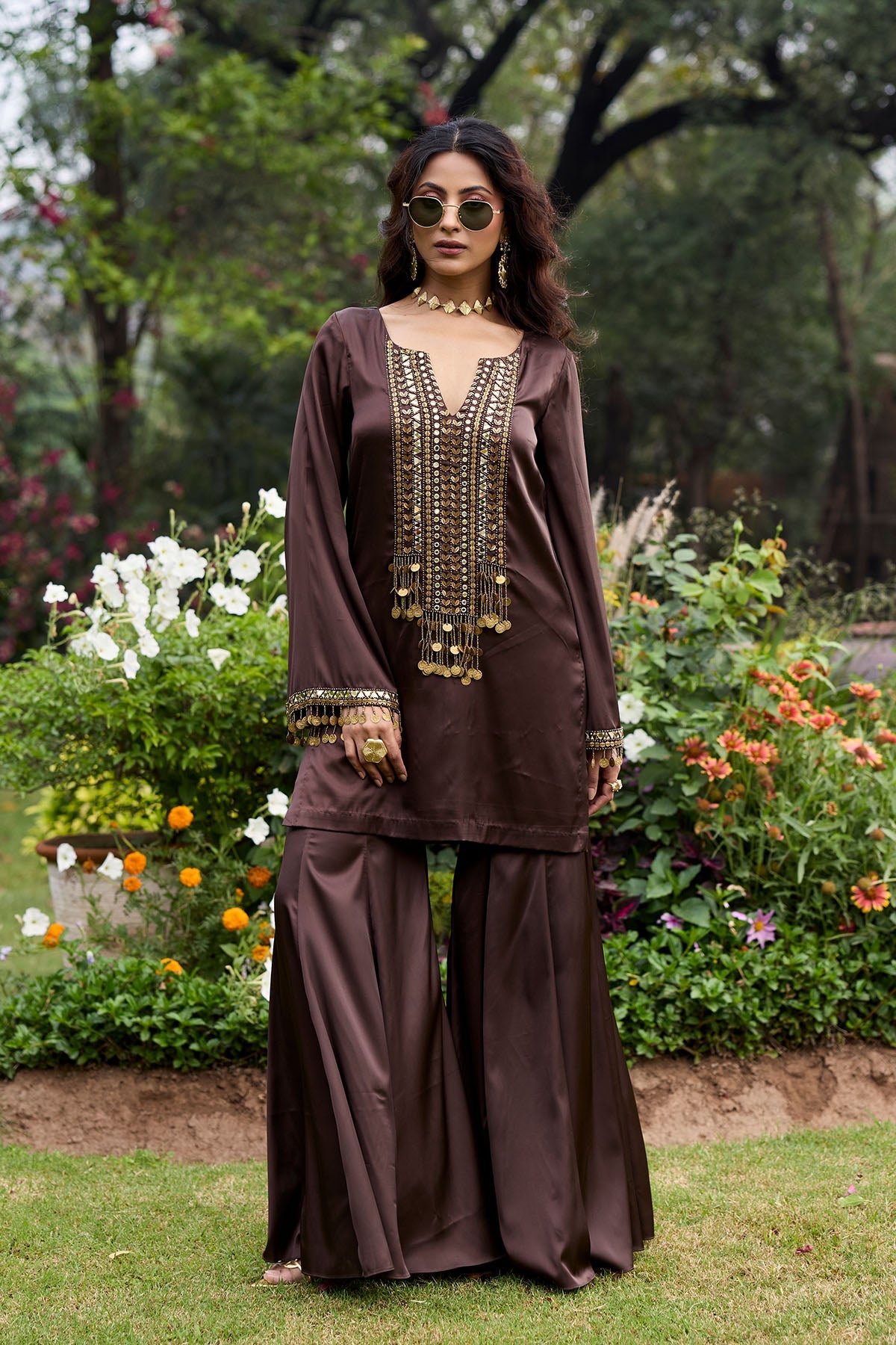 Mocha Brown Embroidered Satin Kurti Set