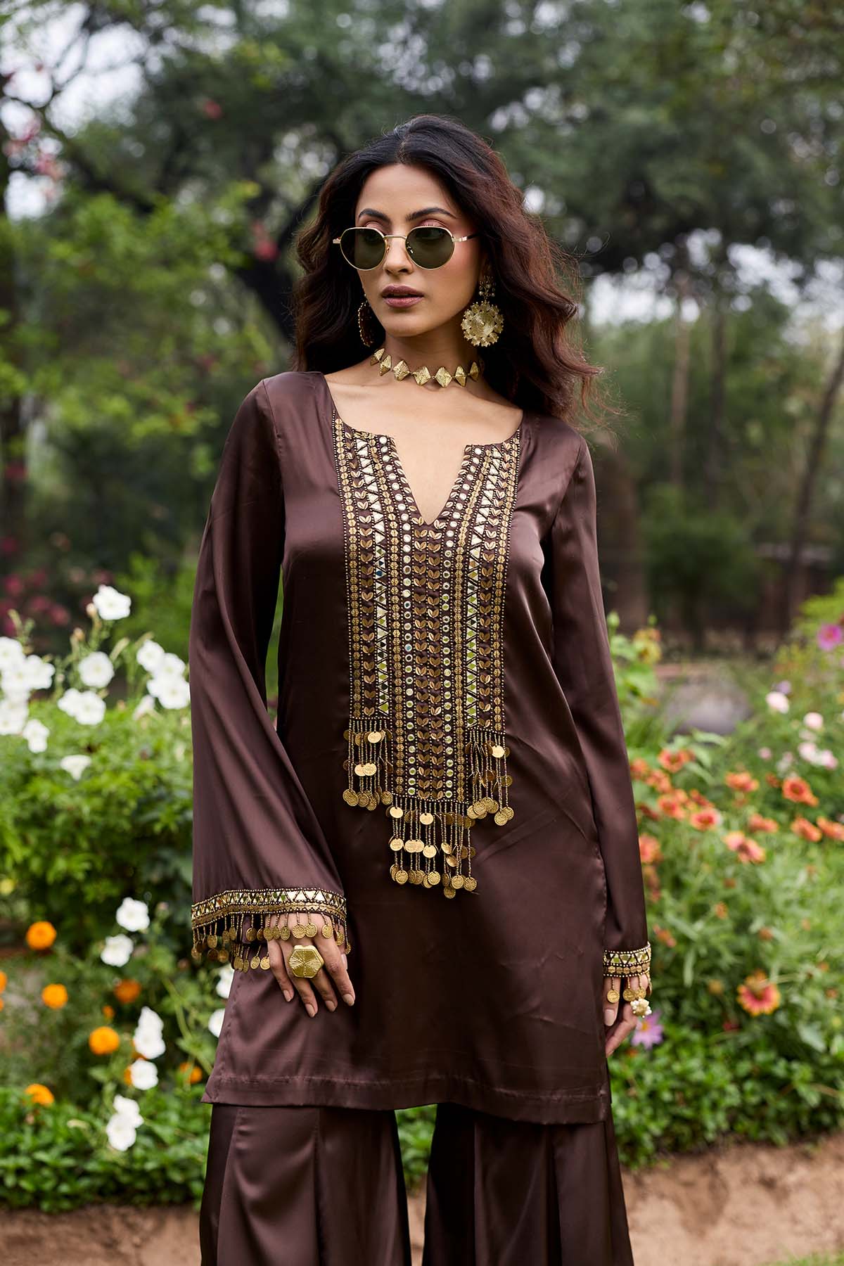 Mocha Brown Embroidered Satin Kurti Set