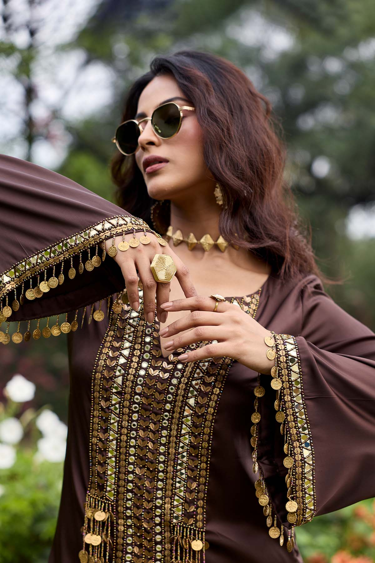 Mocha Brown Embroidered Satin Kurti Set