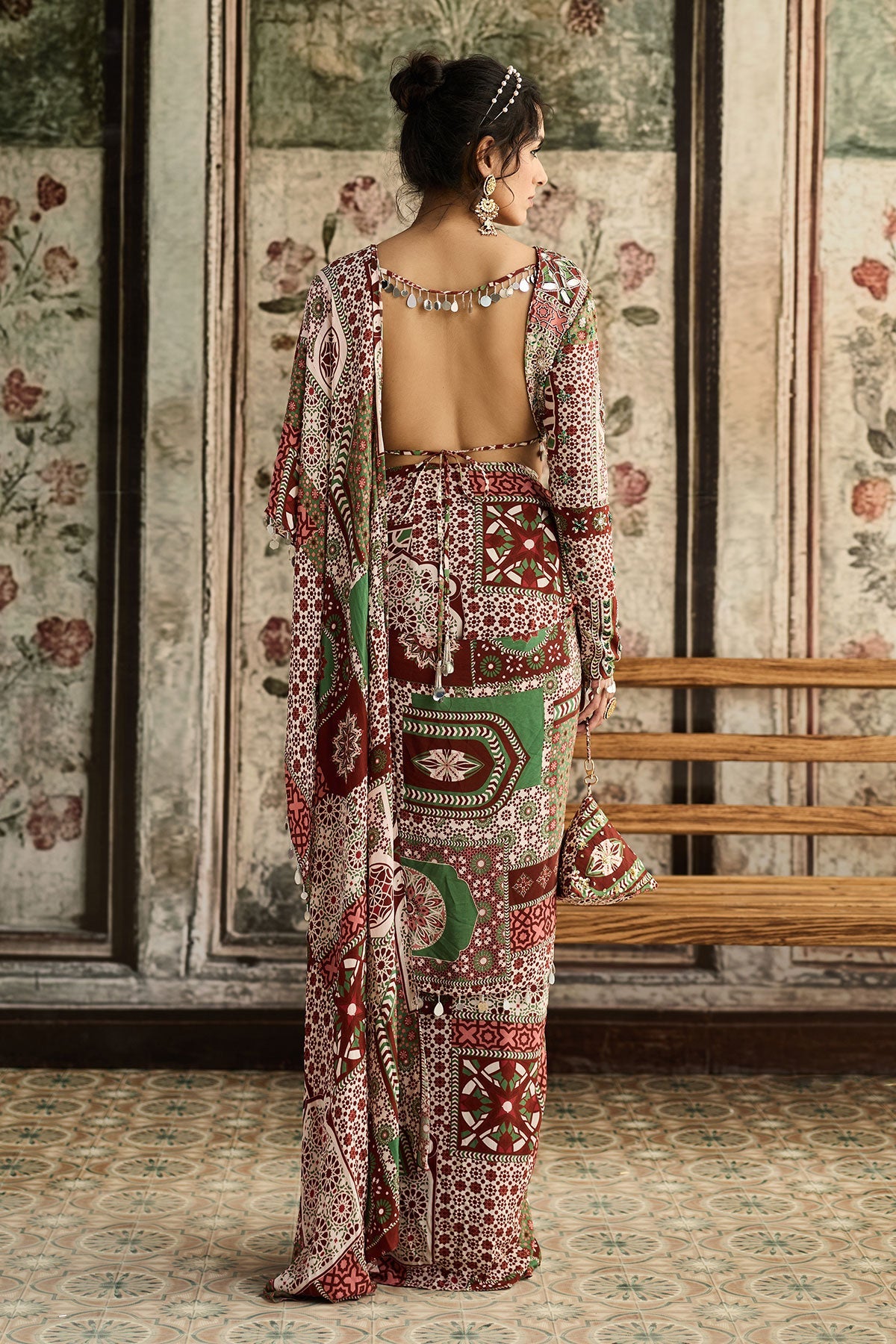 Sage-Maroon Print And Highlighted Dhoti Saree Set