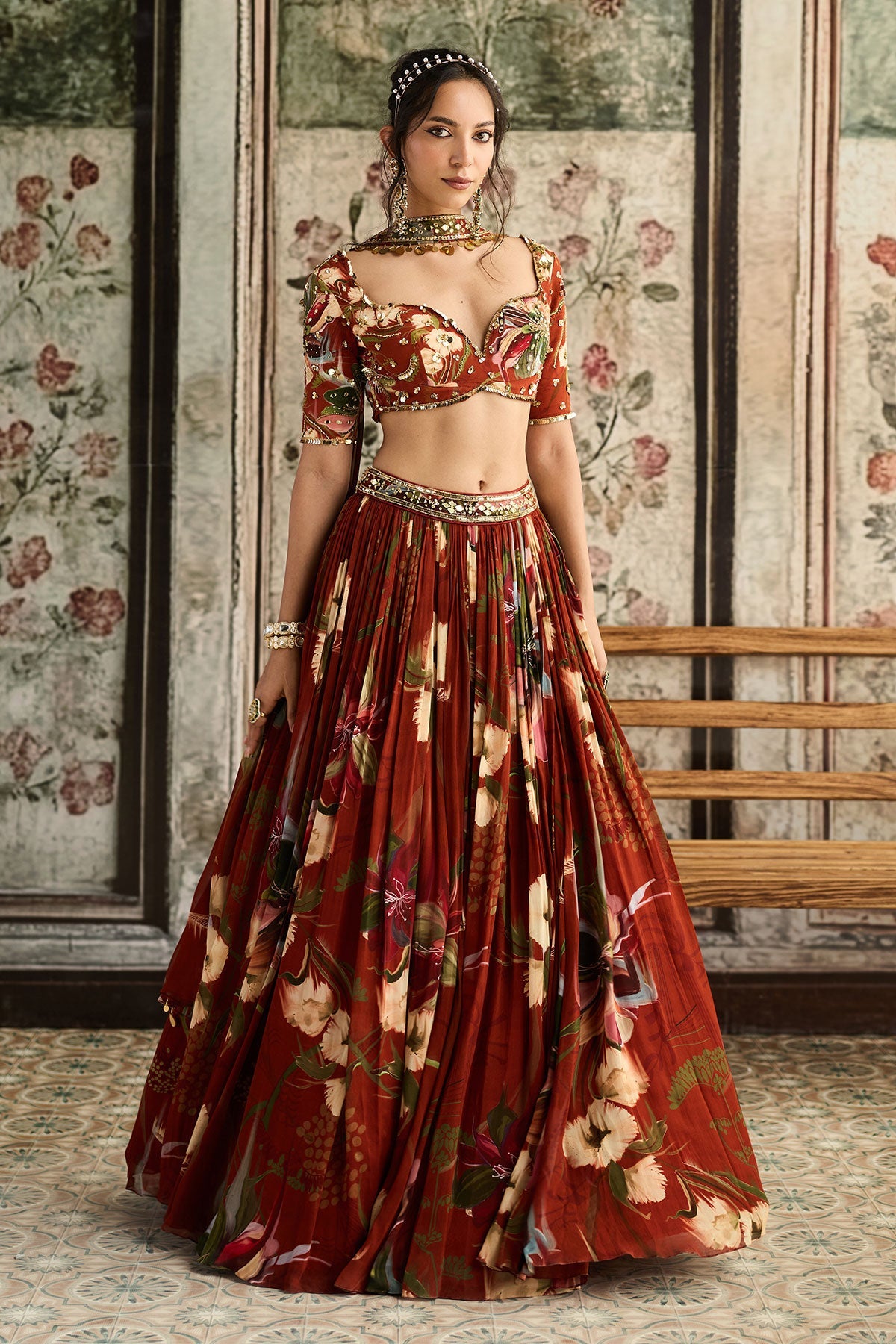 Rust Floral Printed Lehenga Set