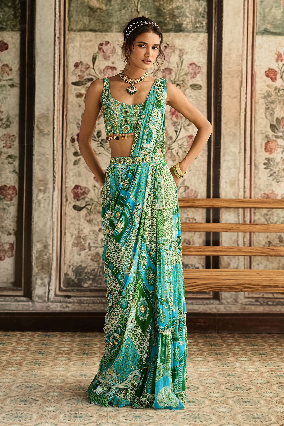 Aqua Print And Highlighted Tiered Saree Set