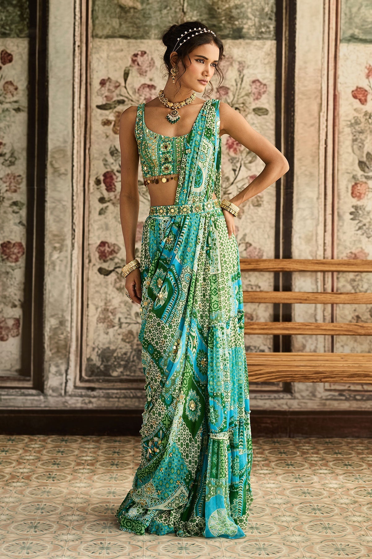 Aqua Print And Highlighted Tiered Saree Set