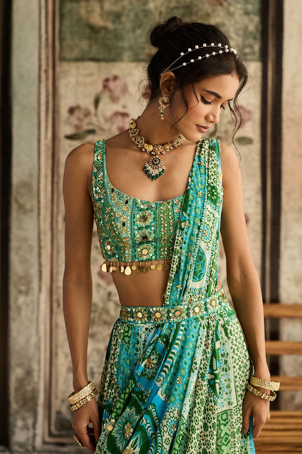 Aqua Print And Highlighted Tiered Saree Set