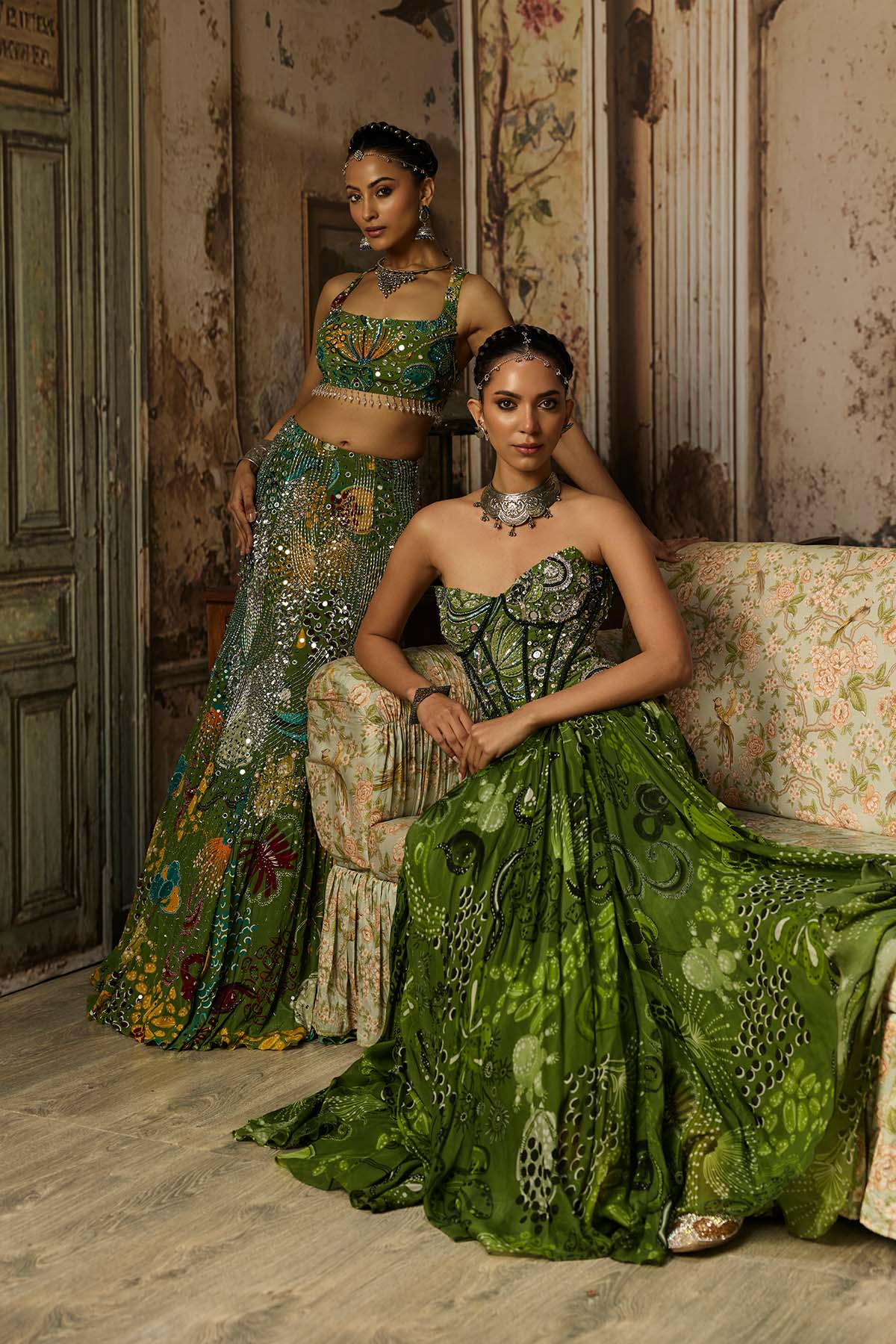PEAR GREEN PRINTED AND HIGHLIGHTED MERMAID SKIRT SET