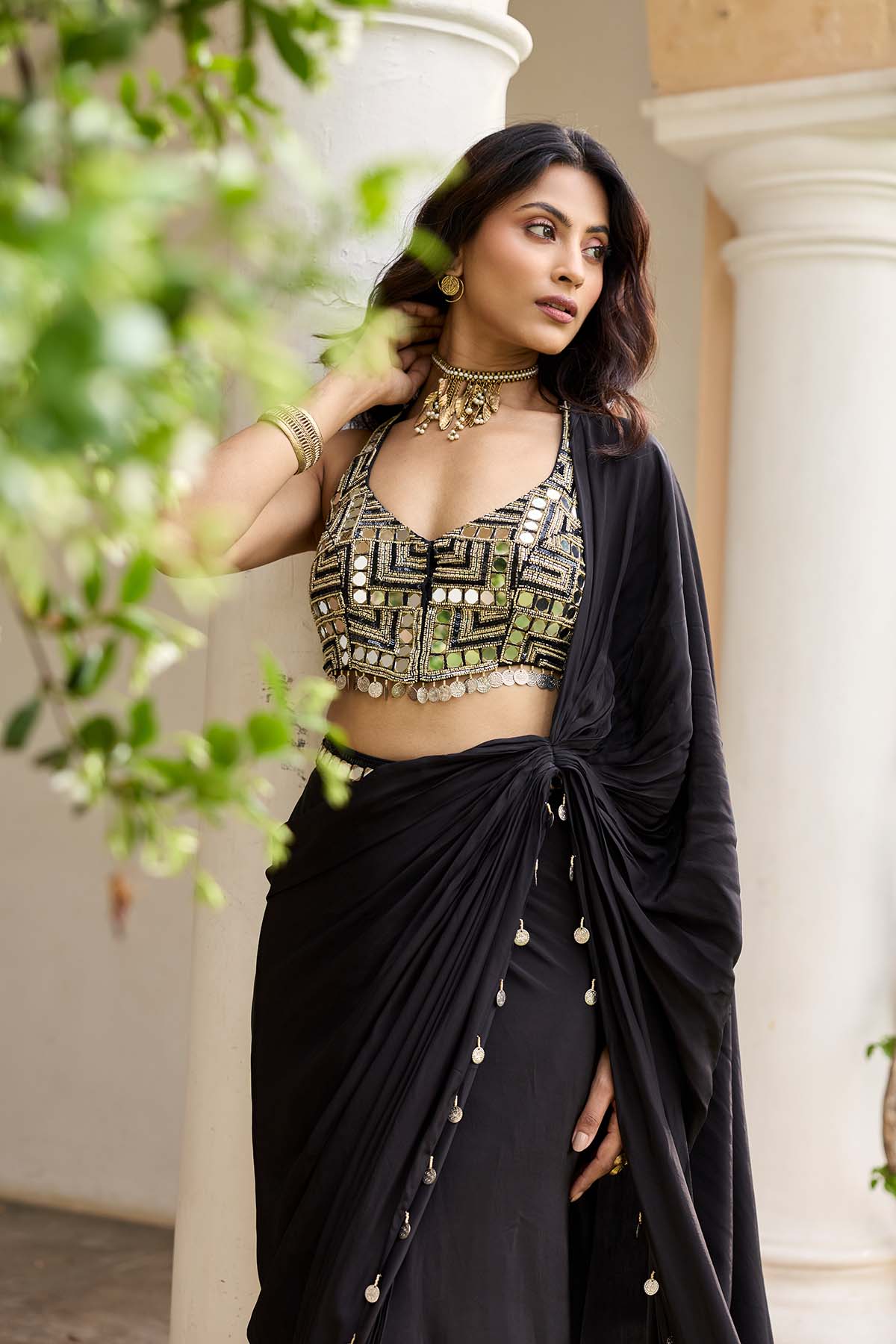 Black Solid Saree Set