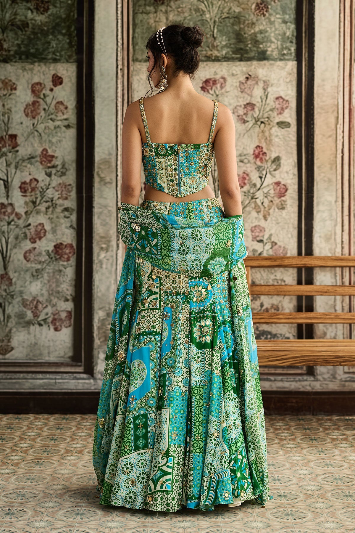Aqua Print And Highlighted Corset Mermaid Skirt Set