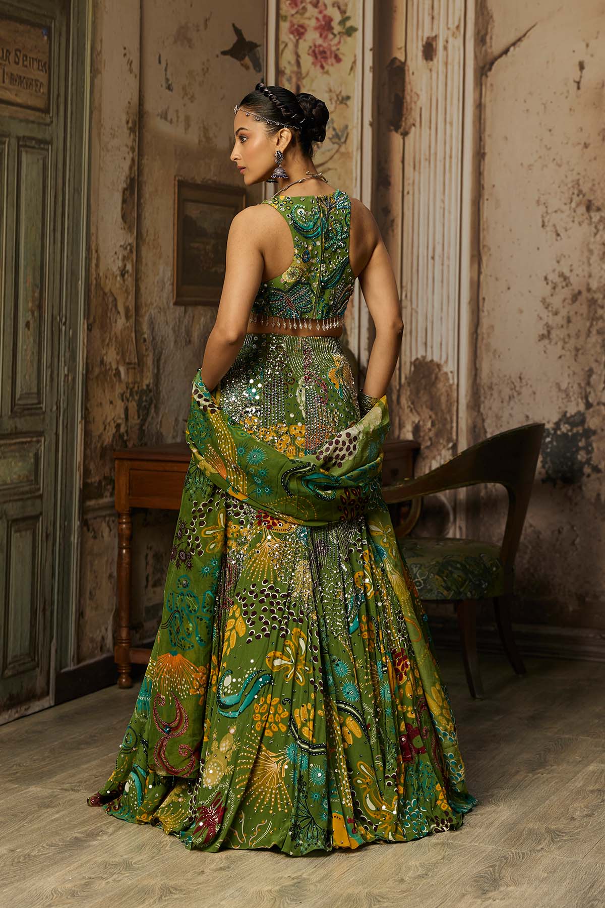 PEAR GREEN PRINTED AND HIGHLIGHTED MERMAID SKIRT SET