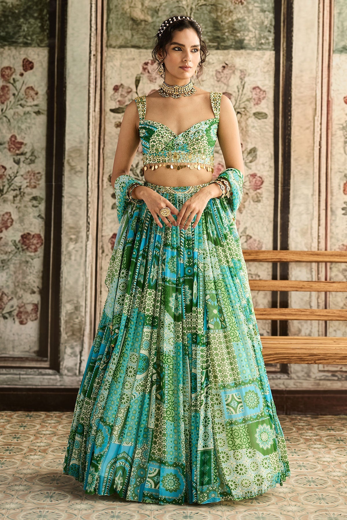 Aqua Print And Highlighted Ruched Blouse Lehenga Set