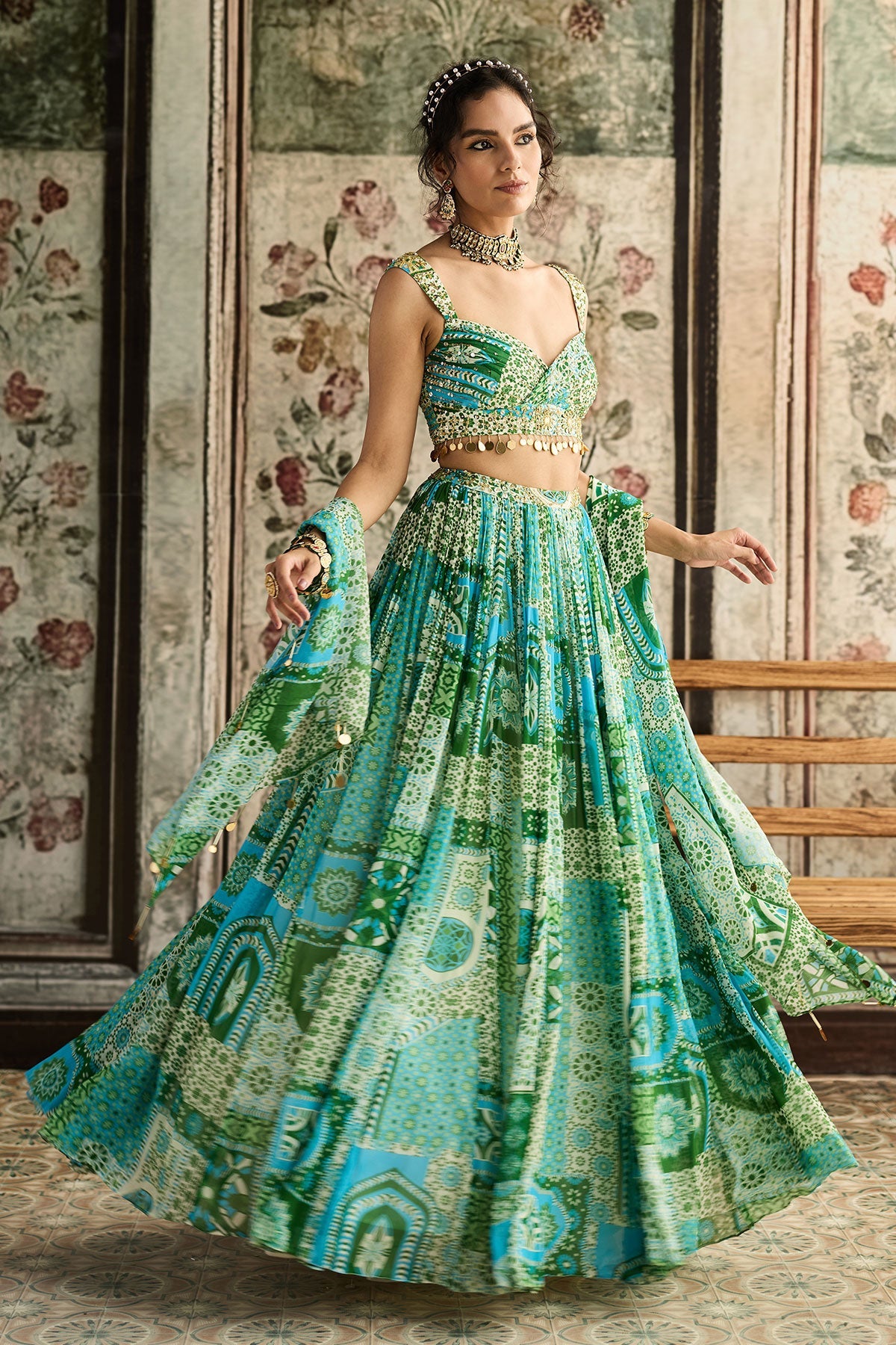 Aqua Print And Highlighted Ruched Blouse Lehenga Set