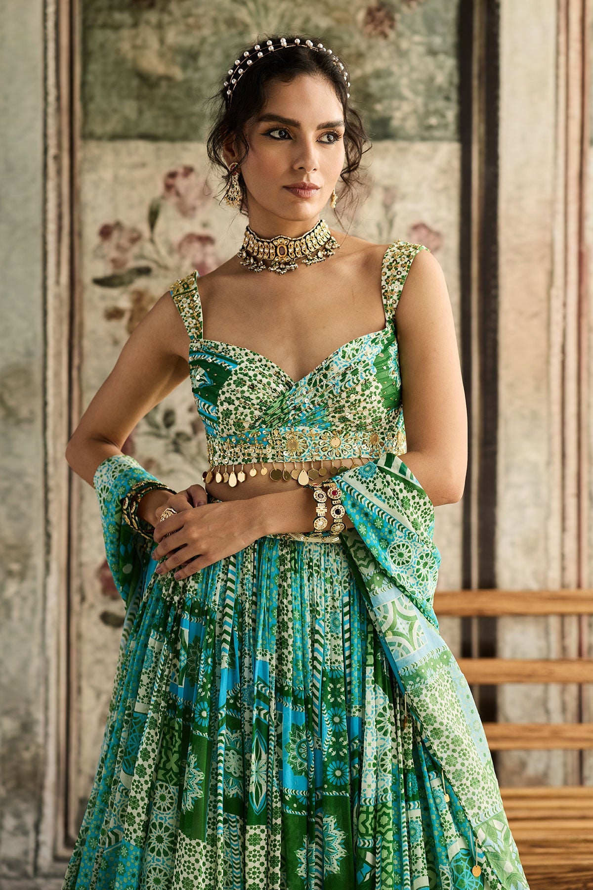 Aqua Print And Highlighted Ruched Blouse Lehenga Set