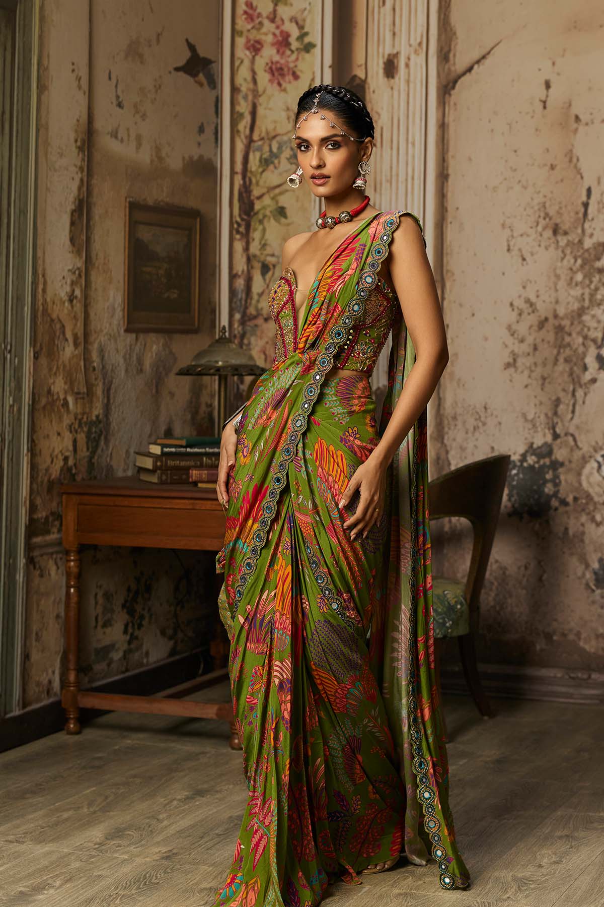 PEAR GREEN PRINTED AND HIGHLIGHTED DHOTI SKIRT SAREE SET