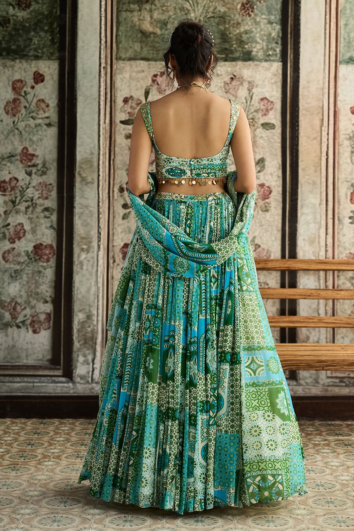Aqua Print And Highlighted Ruched Blouse Lehenga Set