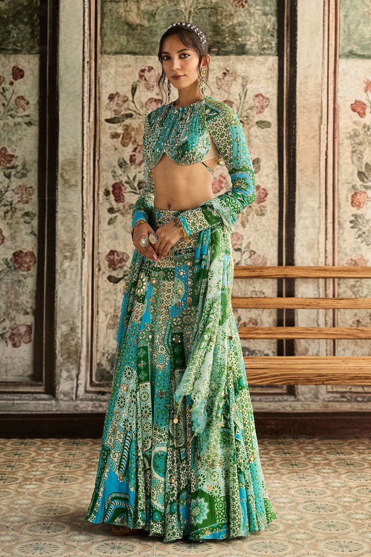 Aqua Print And Highlighted Ruched Blouse Mermaid Skirt Set