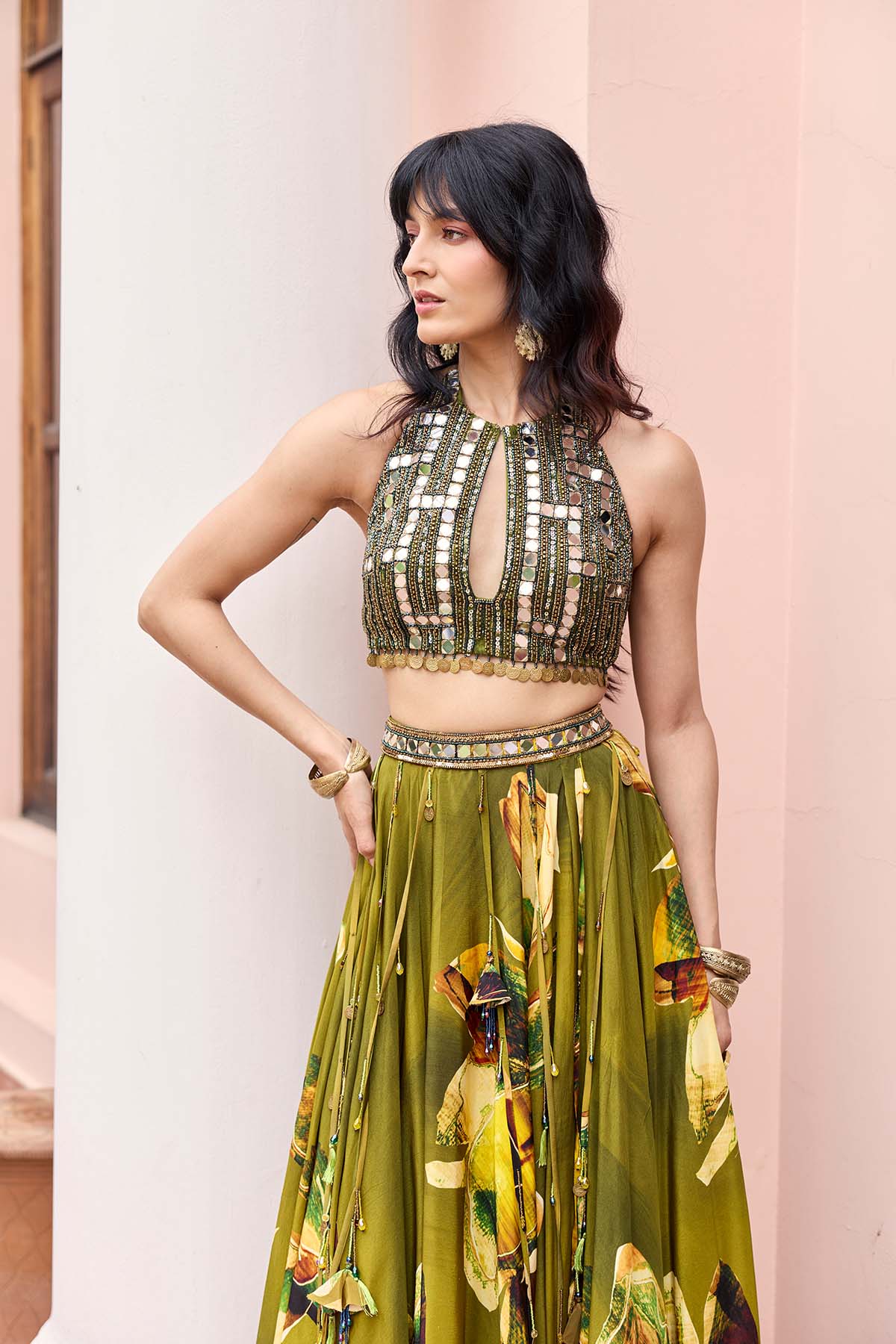 Matcha Green Floral Tasseled Lehenga Set