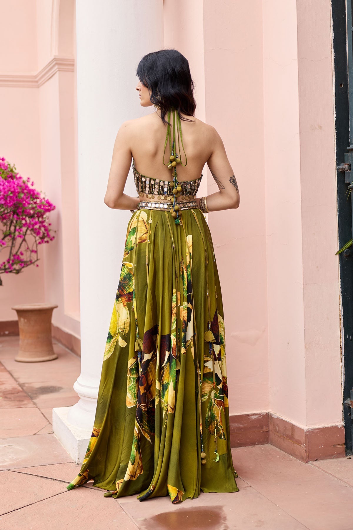 Matcha Green Floral Tasseled Lehenga Set