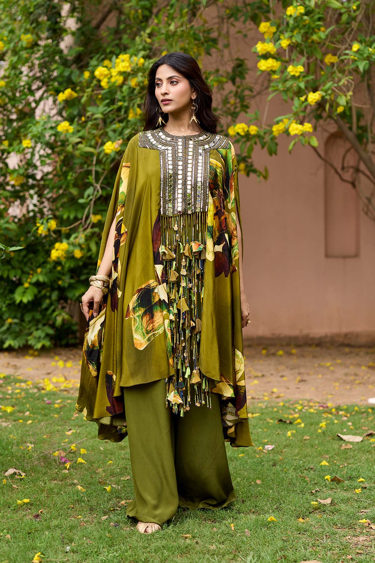 Matcha Green Floral Embroidered Yoke Kaftan Set