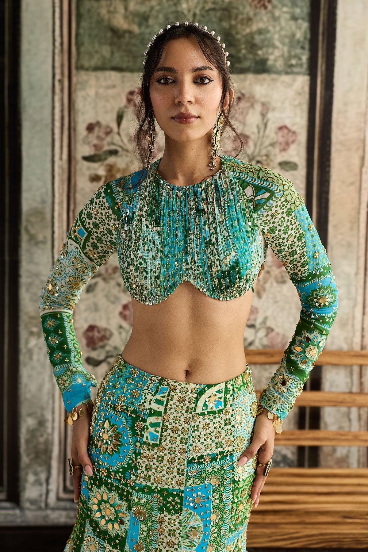 Aqua Print And Highlighted Ruched Blouse Mermaid Skirt Set