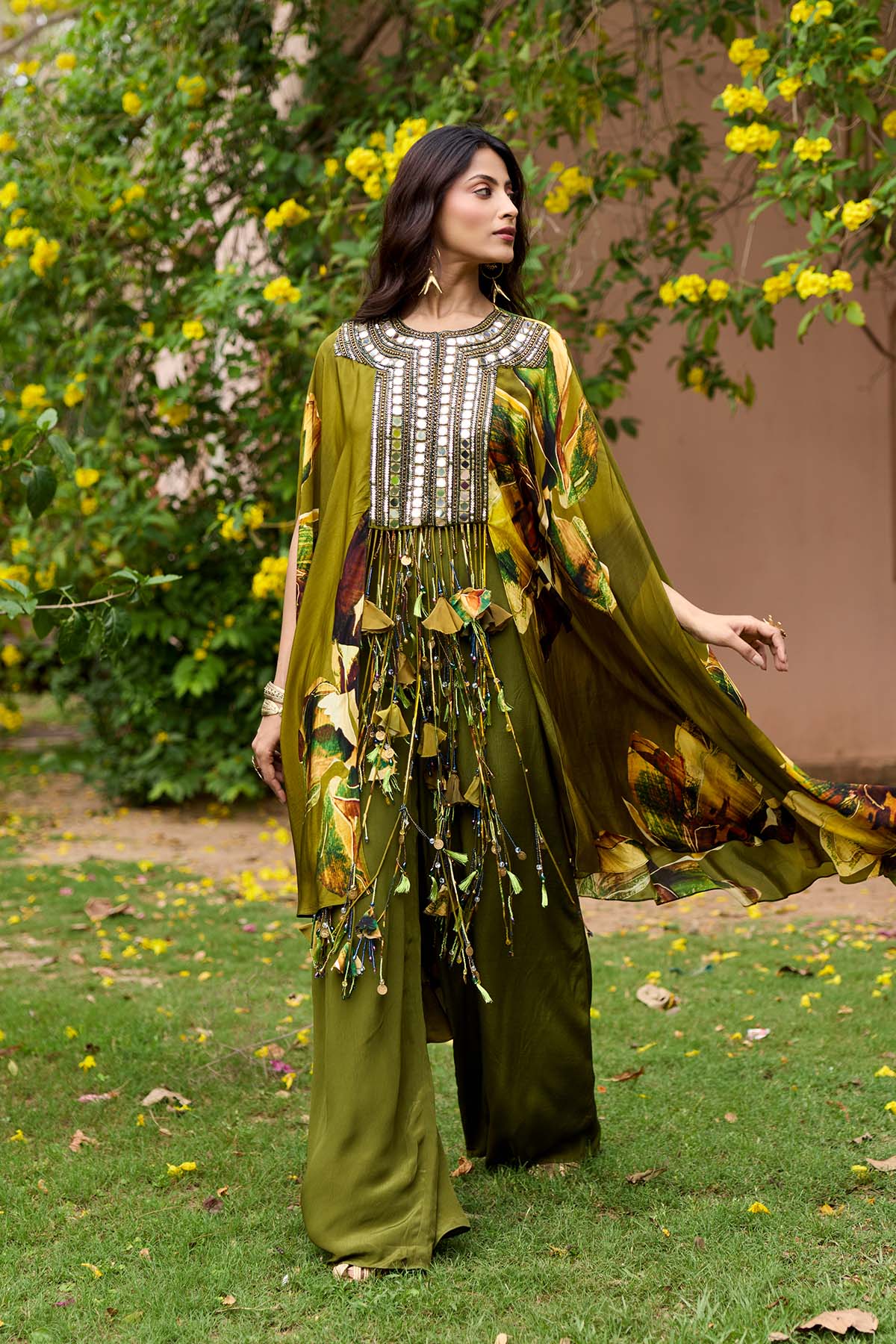 Matcha Green Floral Embroidered Yoke Kaftan Set