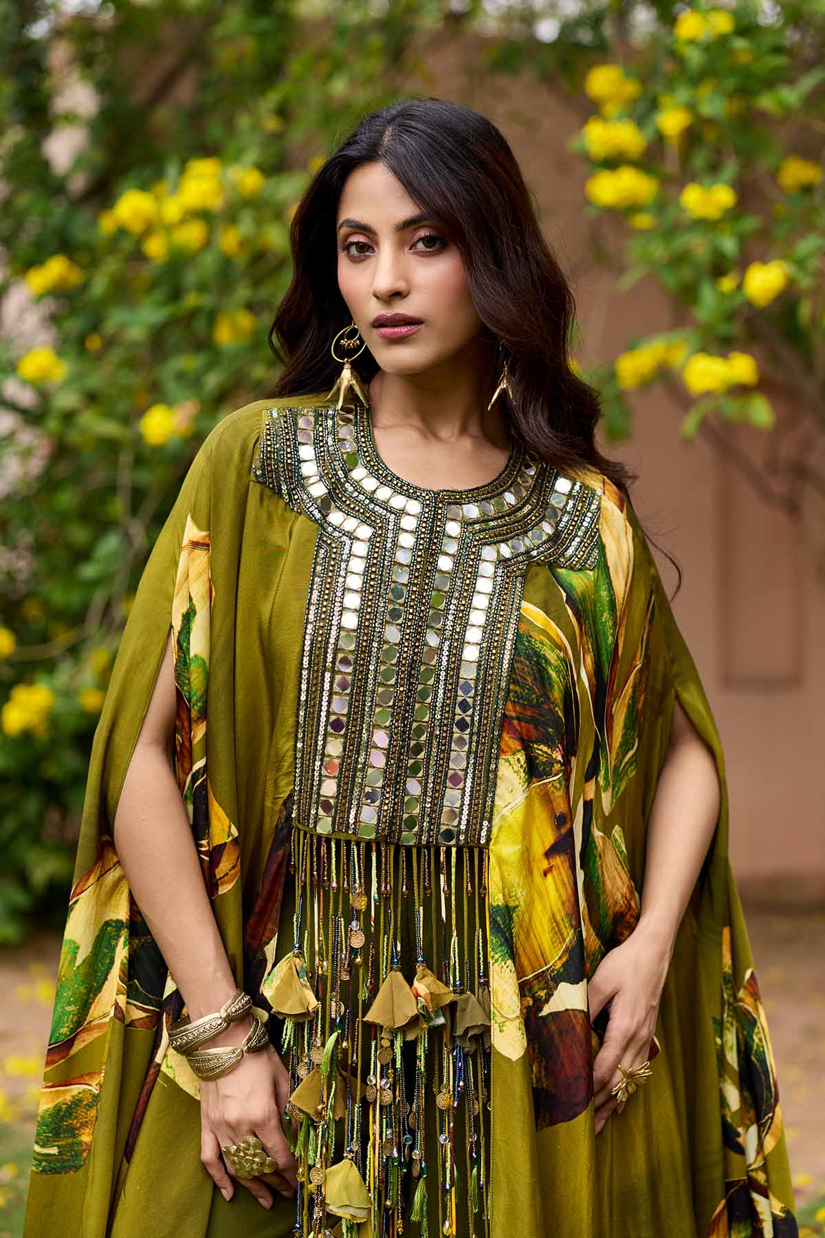 Matcha Green Floral Embroidered Yoke Kaftan Set