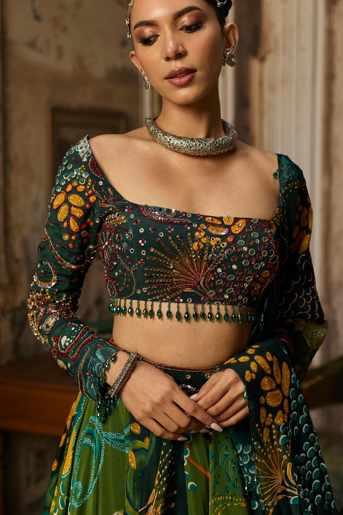 DARK GREEN DUAL PRINTED AND HIGHLIGHTED LEHENGA SET