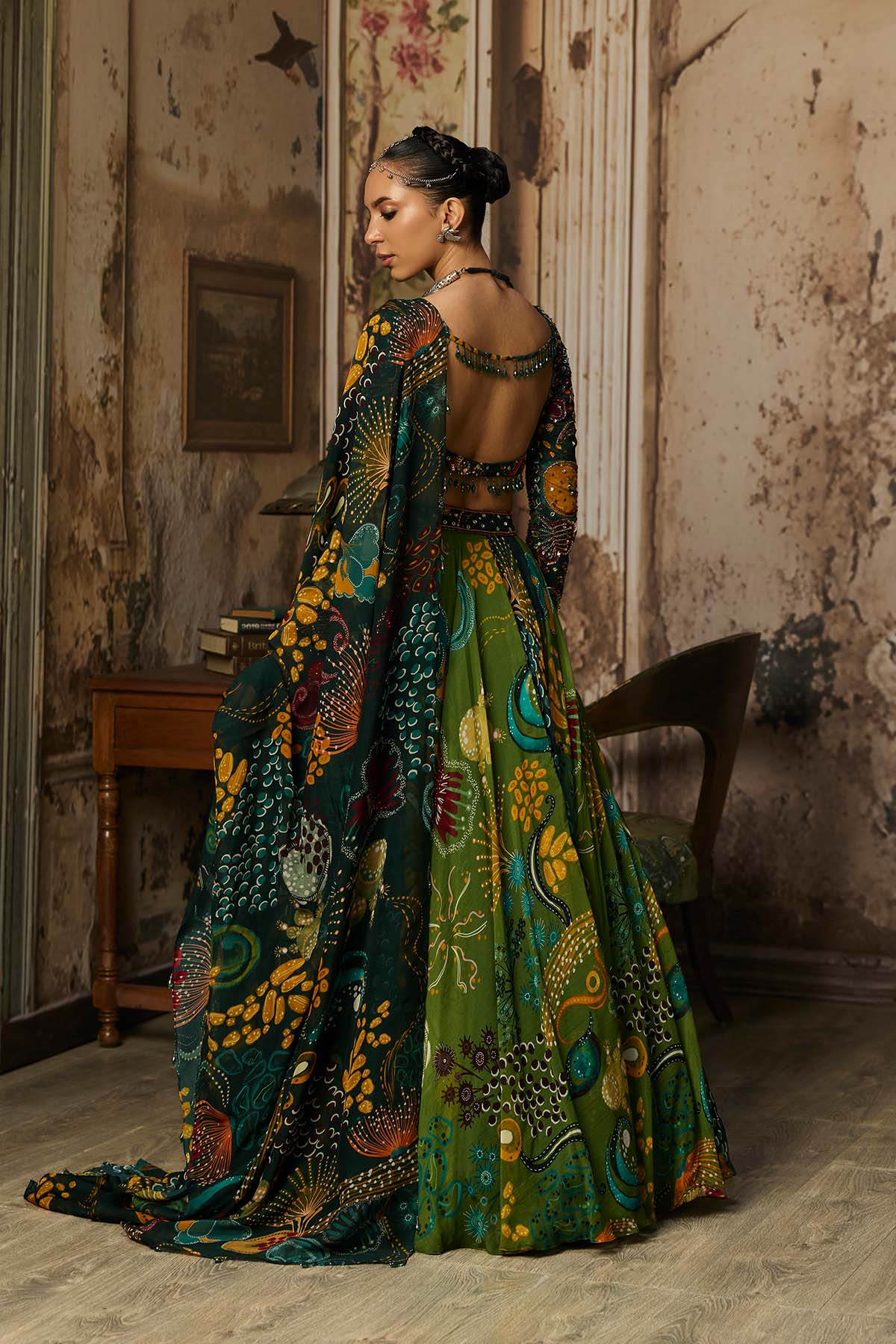 DARK GREEN DUAL PRINTED AND HIGHLIGHTED LEHENGA SET