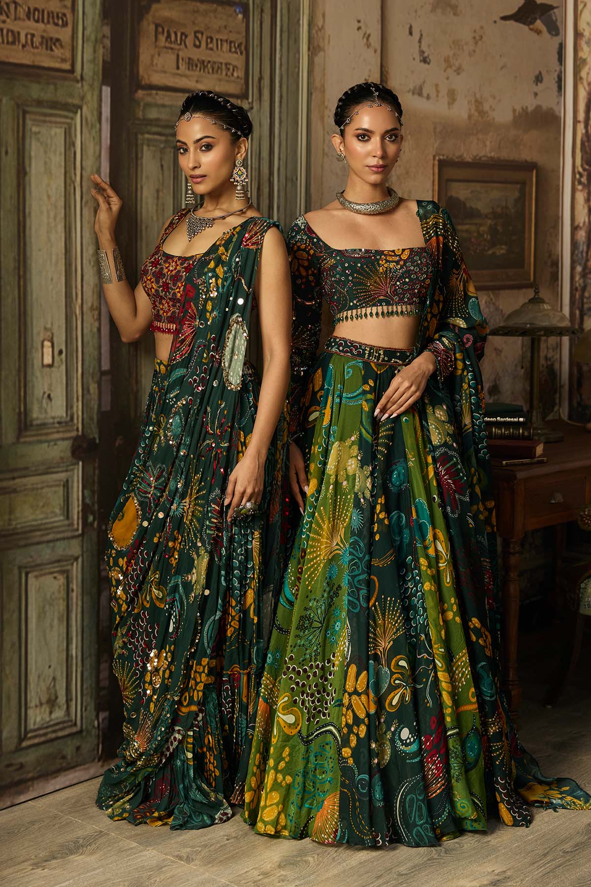 DARK GREEN DUAL PRINTED AND HIGHLIGHTED LEHENGA SET