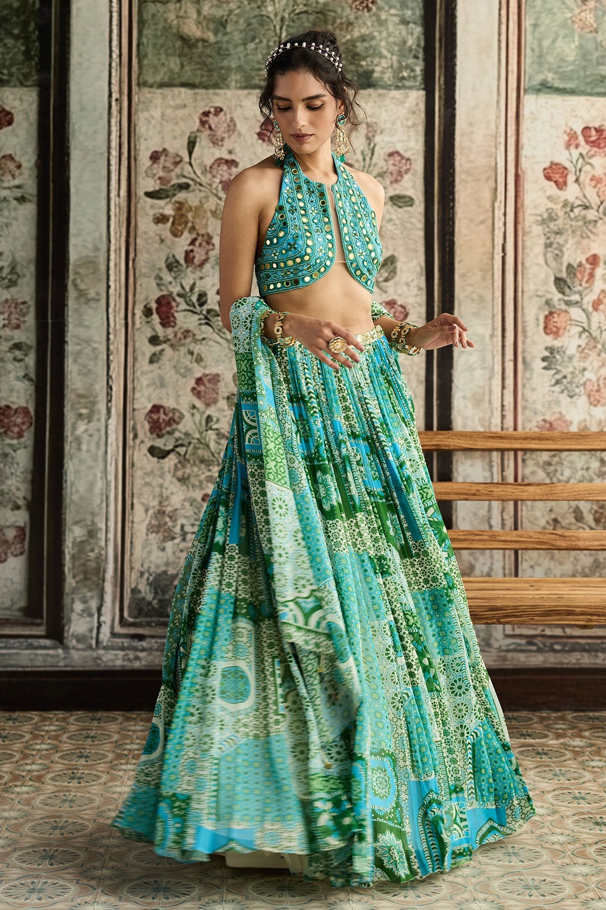 Aqua Embroidered Blouse And Aqua Print And Highlighted Lehenga Set